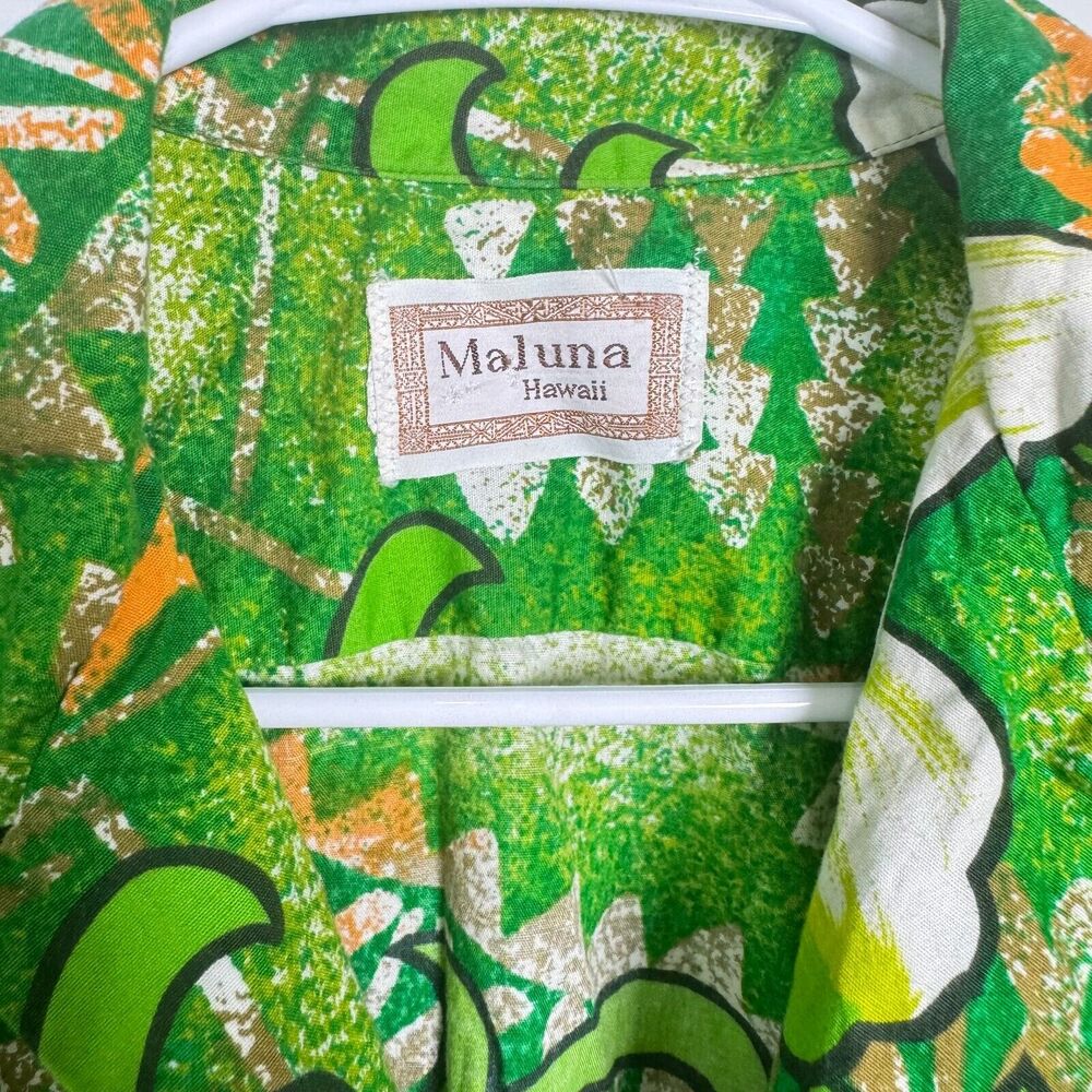 Maluna Hawaii Mens Green Cotton Vintage Hibiscus Aloha Shirt - Picture 2 of 8